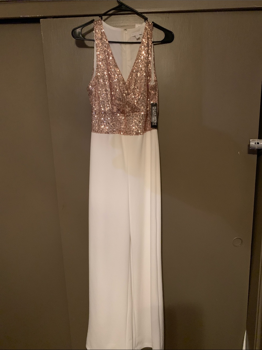 Rose Gold Sequin Bodice Prom Jumpsuit Dress in White